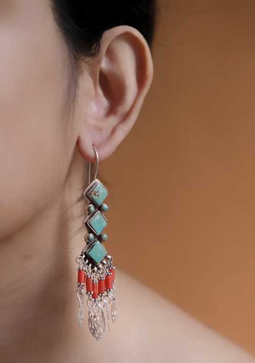Silver earrings with natural coral and turquoise