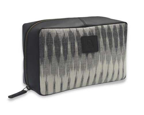 Tech Pouch - Cream & Black IKAT + Leather