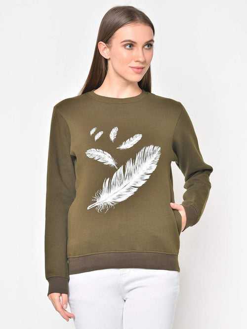 Hapuka Women Printed  Olive Fleece  Sweat Shirt