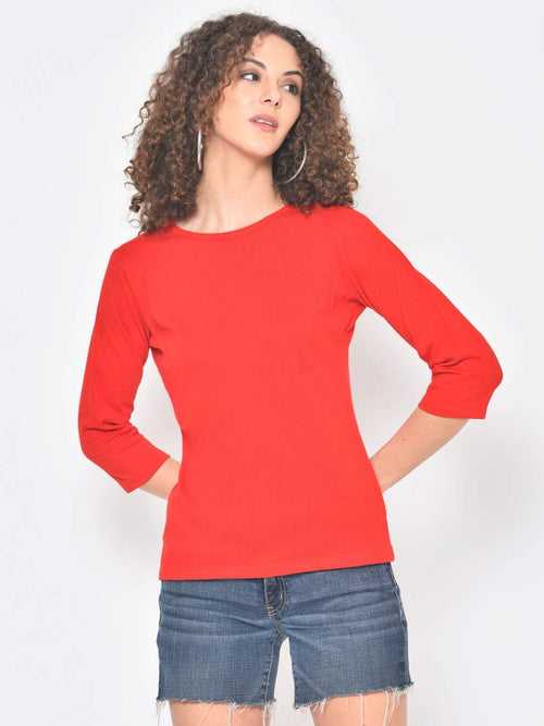 Hapuka Women's Slim Fit  Three-Quarter Sleeves  Red Cotton Solid T Shirt