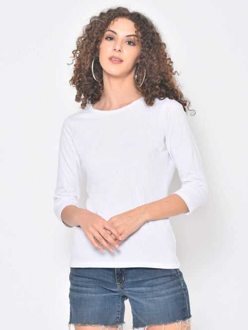 Hapuka Women's Slim Fit  Three-Quarter Sleeves  White Cotton Solid T Shirt