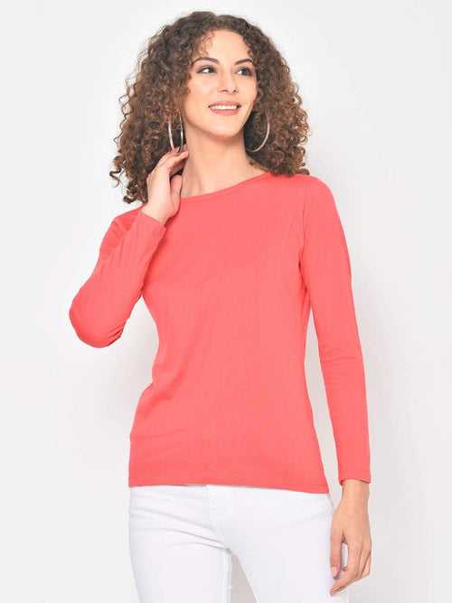 Hapuka Women's Slim Fit  Full Sleeves  Pink Cotton Solid T Shirt