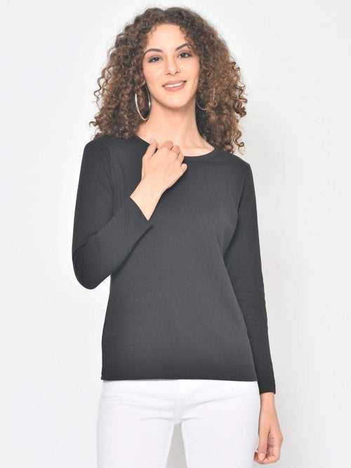 Hapuka Women's Slim Fit  Full Sleeves  Black Cotton Solid T Shirt