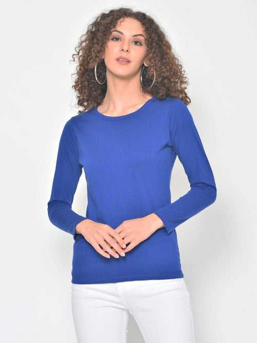 Hapuka Women's Slim Fit  Full Sleeves  Royal Blue Cotton Solid T Shirt
