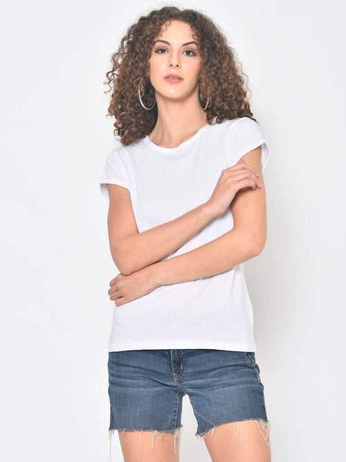 Hapuka Women's Slim Fit  Half Sleeves  White Cotton Solid T Shirt