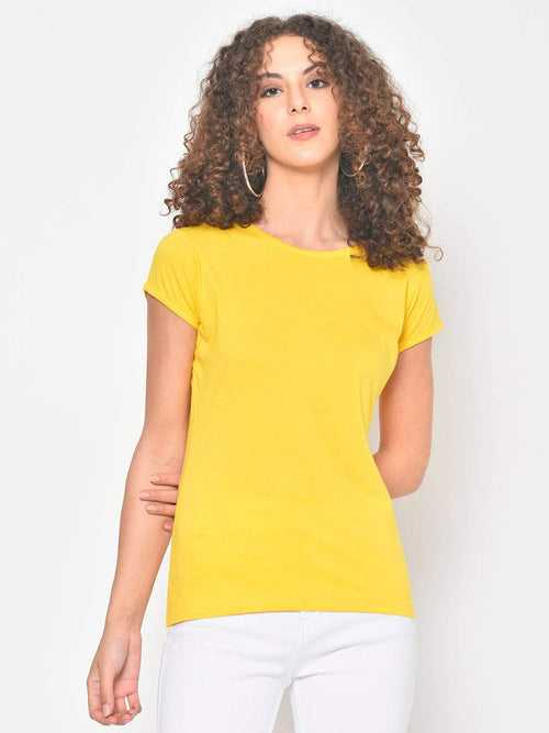 Hapuka Women's Slim Fit  Half Sleeves  Yellow Cotton Solid T Shirt