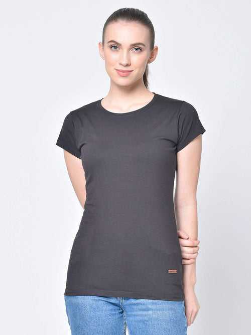 Hapuka Women's Slim Fit  Half Sleeves  Black Cotton Elastane Solid T Shirt