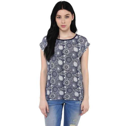 Hapuka Women White & Navy American Crepe Printed Top