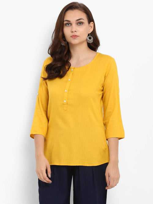 Hapuka Women's Slim Fit three-quarter sleeve  Mustard Rayon Solid  Top