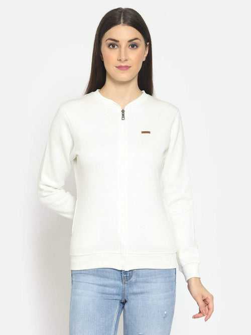 Hapuka Women White Fleece Front Zip Sweat Shirt