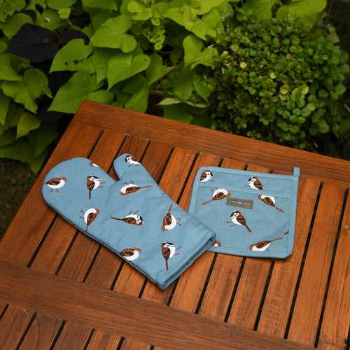 Oven Mitt & Pot Holder Set - Sparrows - Cameo Blue