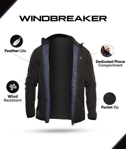 Jet Black GymX Windbreaker Summer Jacket (Dedicated Phone Pocket) - Sale