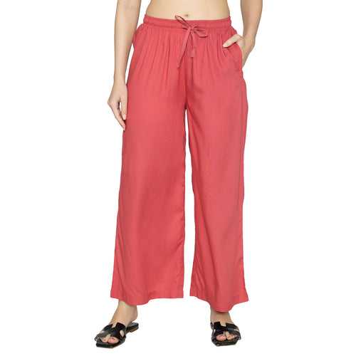 Women Solid Woven Viscose Palazzos - Holly Berry