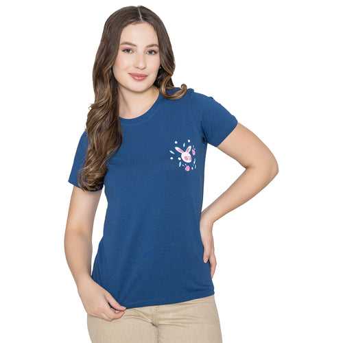 Women's Strong Blue Cotton Printed T-Shirt