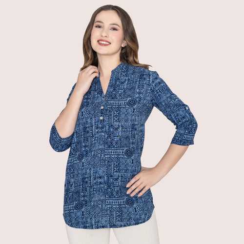 Women Fine Rayon Printed Short Kurtis - Indigo