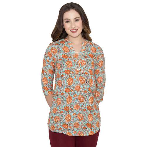 Women Fine Rayon Printed Short Kurtis - Sky Blue