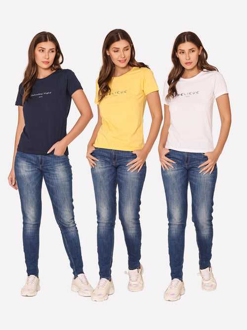 Women Minimalist Typography Round Neck T-Shirt- Pack of 3