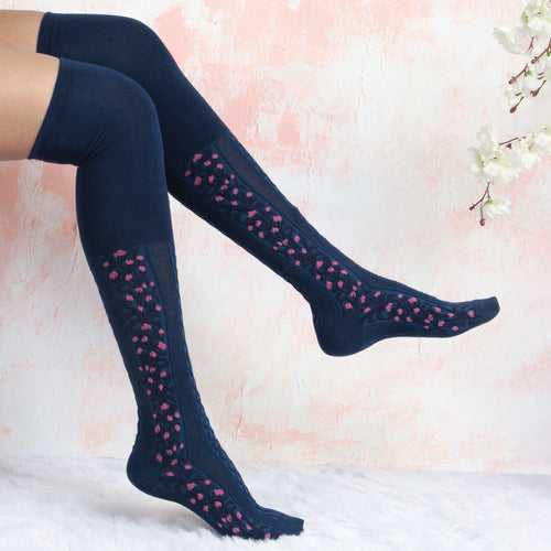 Women's Floral Knee High Socks - Navy