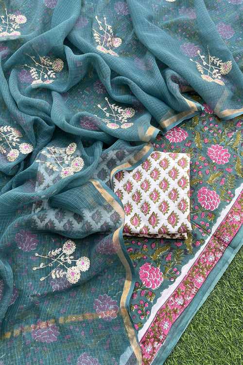 Beautiful Hand Block Printed Cotton unstitched suit fabric with Kota Doria Dupatta with Pittan & Meena work bootis