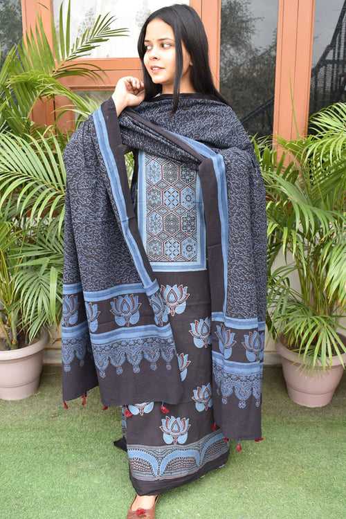 Hand Block Print Ajrakh Cotton Suit with designer Ajrakh neck yoke pattern