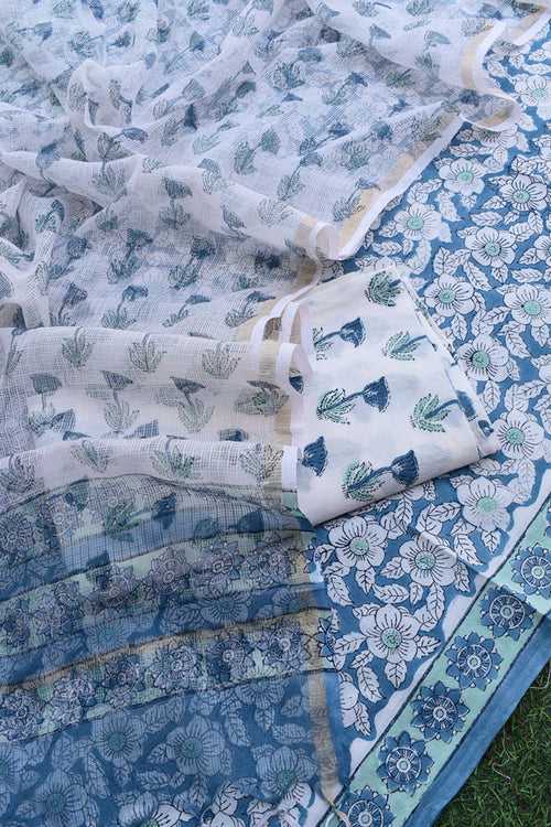 Beautiful Hand Block Printed Cotton unstitched suit fabric with Kota Doria Dupatta