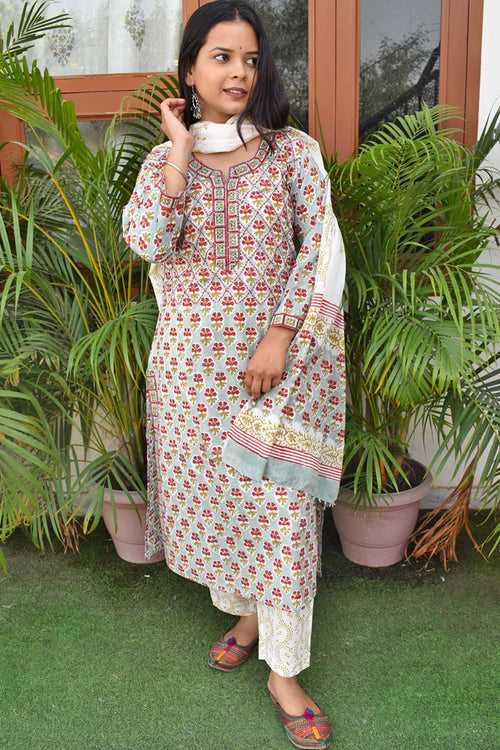 Hand Block Printed Cotton suit with Hand Embroidery - Kurta , Cotton Dupatta & Pant - 40, 44 , 46