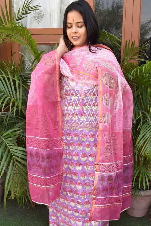 Beautiful Cotton suit with readymade yoke, Gota Details with Kota doria dupatta