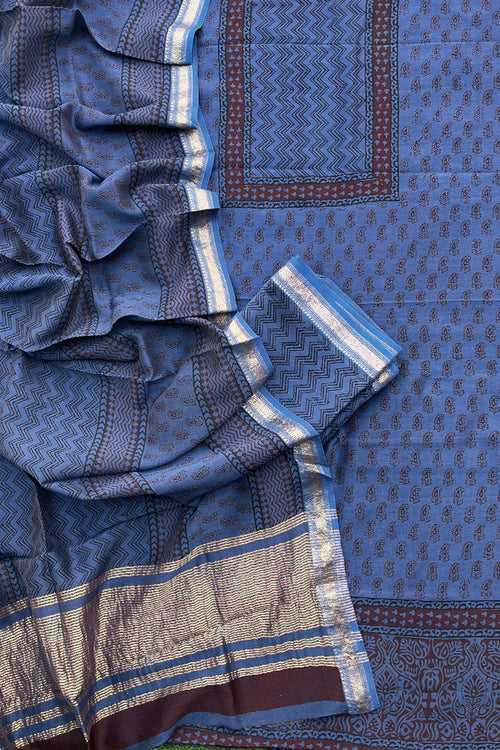 Bagh Hand Block Printed unstitched 3 pcs Maheshwari suit fabric with Placement block print & Zari borders & Palla from MP