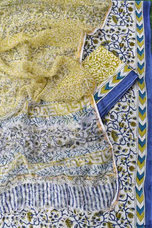 Beautiful Hand Block Printed Cotton unstitched suit fabric with Kota Doria Dupatta