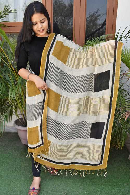 Elegant Hand Block Printed Pure Linen dupatta