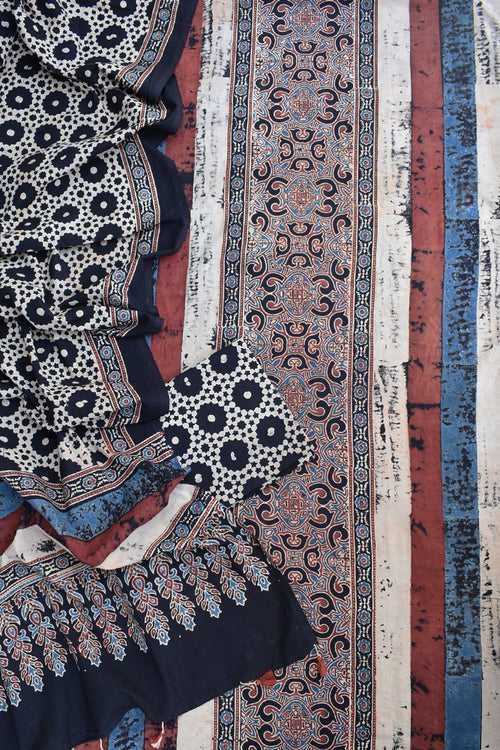 Hand Block Print Ajrakh Cotton Suit with designer brush paint & Ajrakh panel design