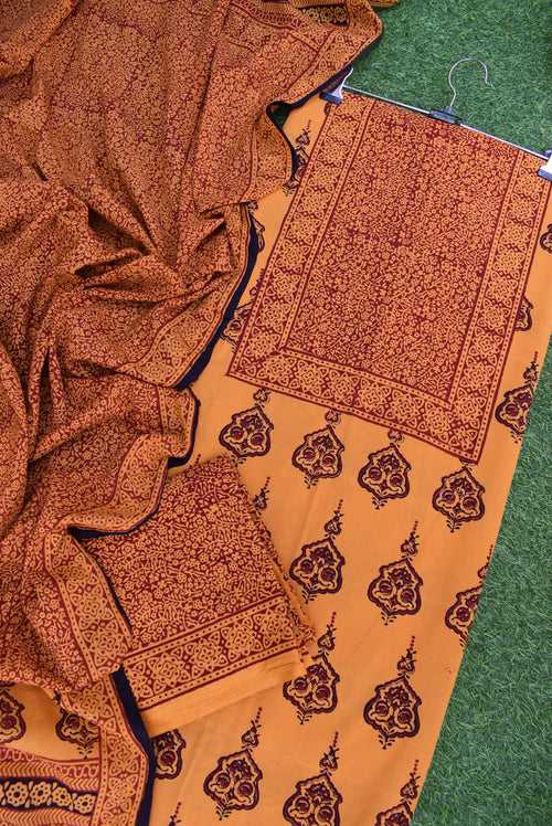 Bagh Hand Block Printed unstitched 3 pc Cotton suit fabric with Placement block print from MP