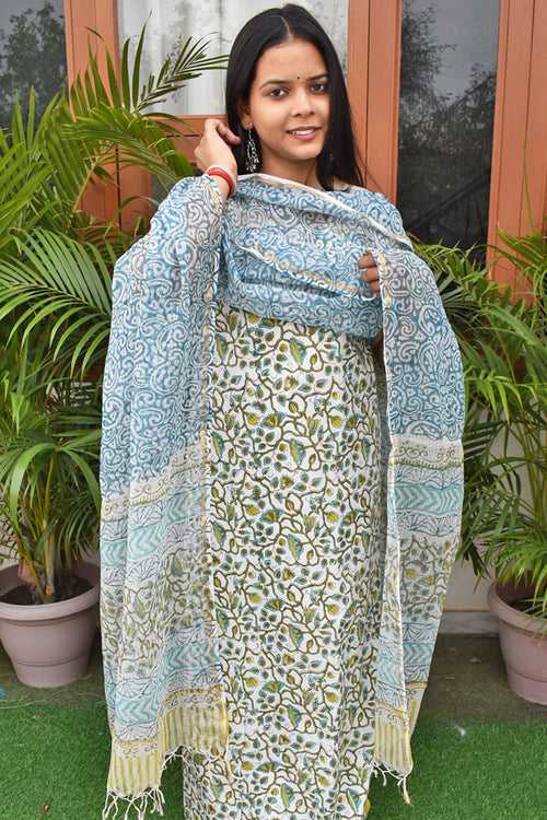 Beautiful Hand Block Printed Cotton unstitched suit fabric with Kota Doria Dupatta