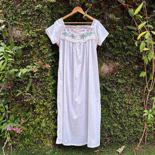 Floral Serenity: Embroidered White Cotton Nightwear