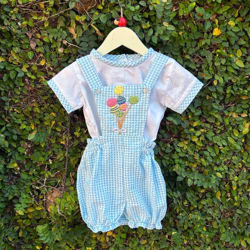Blue Gingham Romper with Playful Balloons