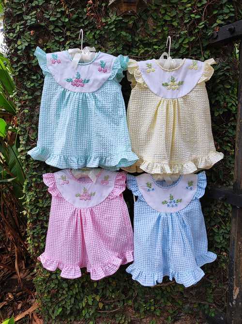 Embroidered High Yoke Gingham Baby Dresses