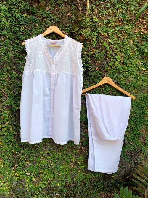 Pure Cotton White on White Sleeveless Pyjama Set
