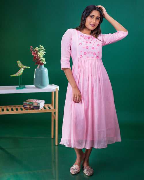 Pure soft mul cotton kurti with thread embellished yoke in pink shade MBS-351
