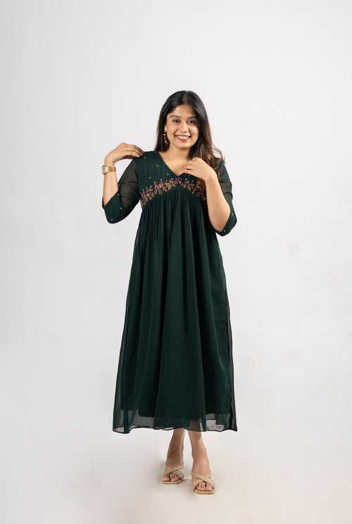 Alia cut A-line partywear georgette kurti in bottle green shade with handworked yoke and sleeves MBS-260