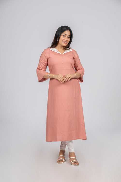 Peach reyon A-line kurti with highlighted front collar MBS-276