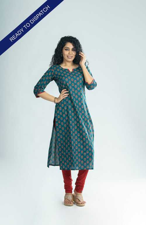Floral printed cotton slitted kurti with overlapped sleeve end in dark teal blue shade  MBS-R247