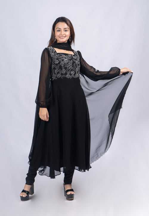 Black georgette party wear anarkali kurti with handwork detailing on yoke portion paired with scalloped dupatta MBS-R97