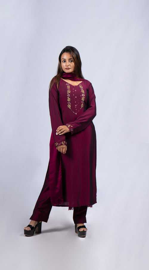 Fully stitched dark  grape salwar partywear set in smooth silk fabric detailed with zardosi handwork MBS- R 113