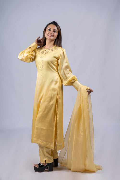 Fully stitched party wear salwar suit in pastel yellow Rani silk detailed with zardosi handworks MBS-R116