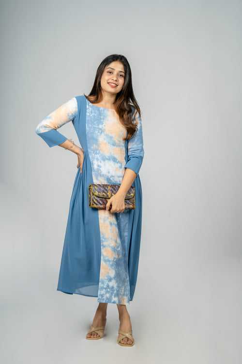 Teal blue georgette Aline kurti panelled with tie dye cotton fabric MBS R-141