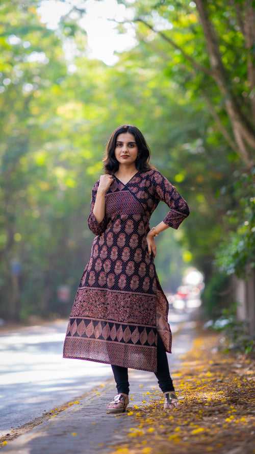 Pure cotton Ajrakh straight cut kurti with overlapped neck MBS-332