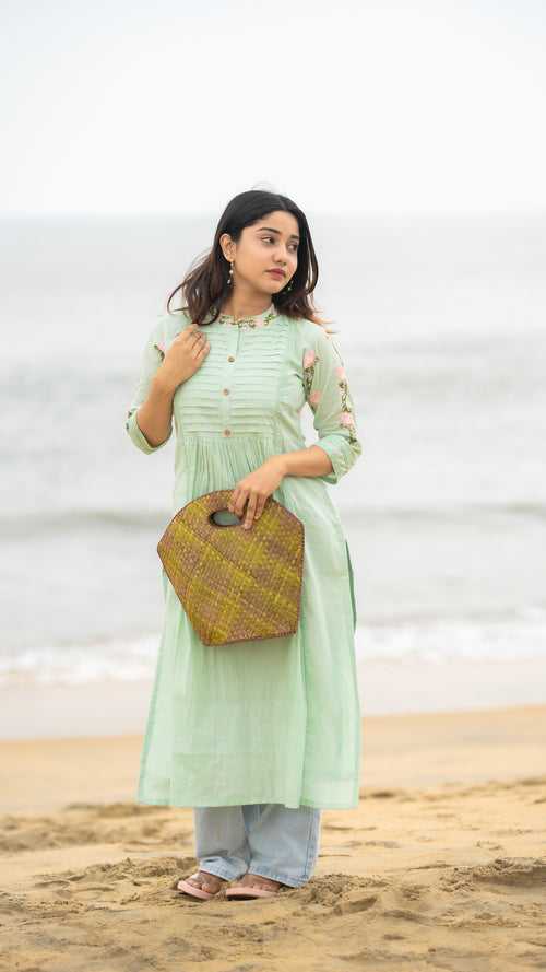 Pastel mint shaded pure mul cotton kurti with thread embroidery detailings MBS-354