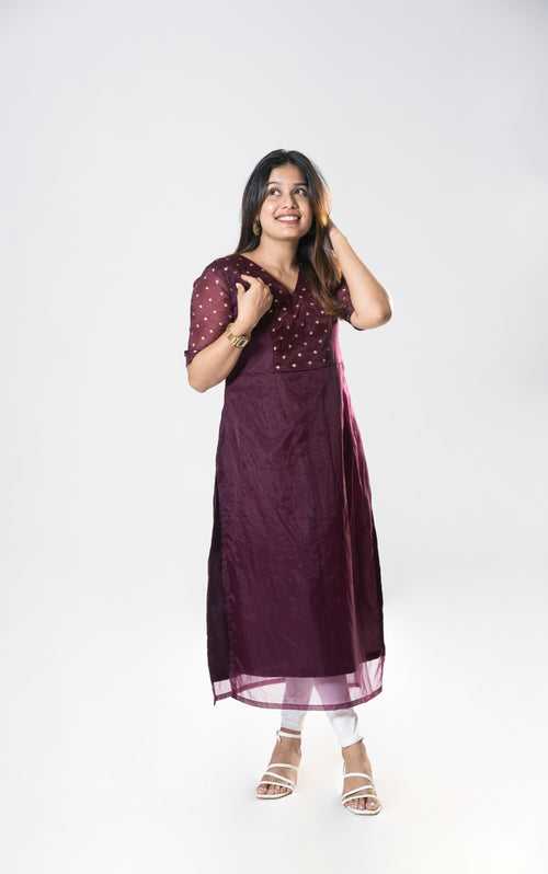 Dark grape purple organza kurti with designer yoke and sleeves  MBS-R195