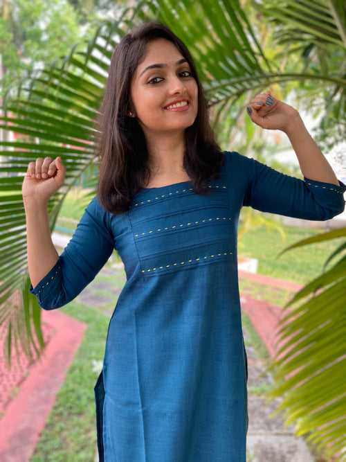 Glaze cotton kurti in Tourquoise Blue shade