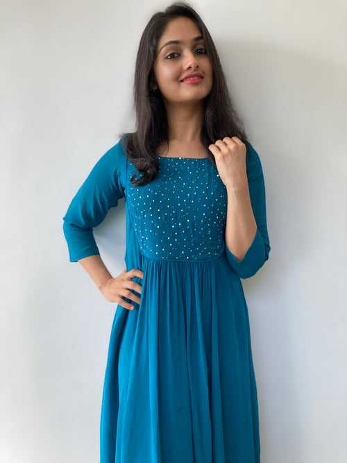 Aesthetic turquoise blue georgette Kurti with handworks- Aline